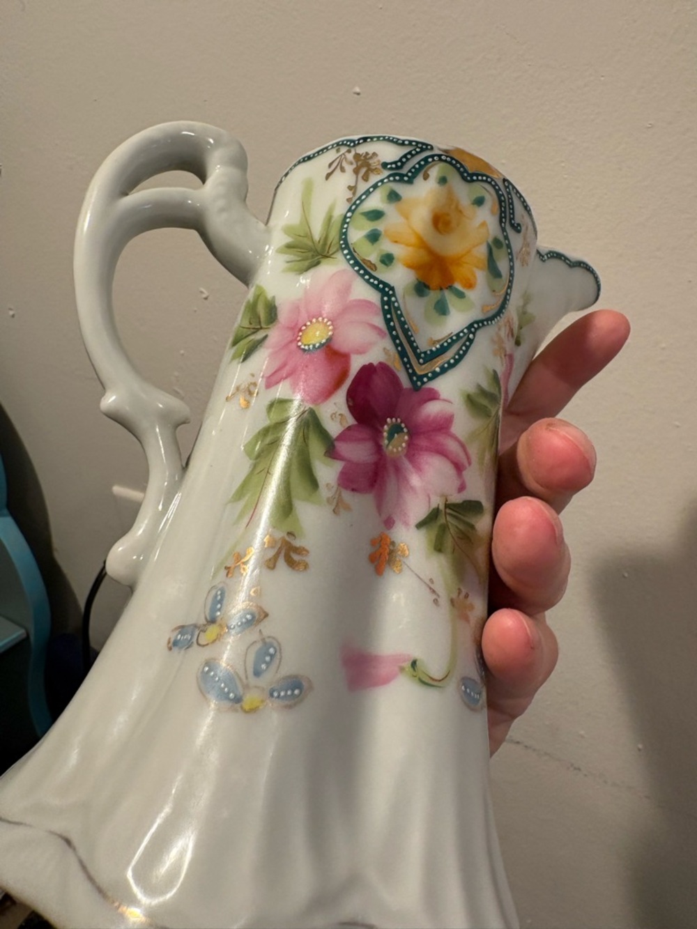 Vintage Floral Porcelain Pitcher - Pink & Yellow Flowers